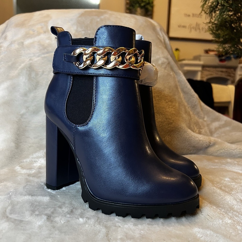 Shoe Dazzle Navy High Block Heel Ankle Boots with Gold Chain